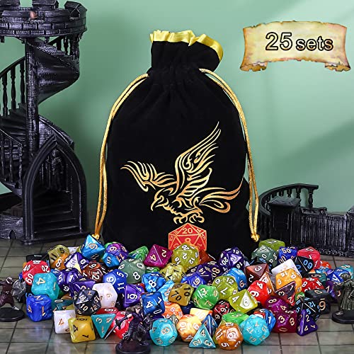 QMay DND Dice Set -25x7 (175pcs) Polyhedral Dice Compatible with Dungeons and Dragons D&D RPG MTG Table Games.25 Sets of 7 dice and a dice Bag - color: 25 Sets-175pcs