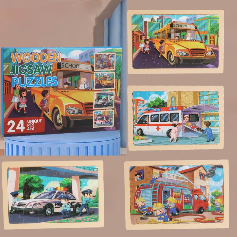 Puzzles for Kids Ages 4-6, 4 Packs 24 Piece Wooden Jigsaw Puzzle for Toddlers 5-8, Preschool Educational Puzzle Boards Toys Gifts for 4 5 6 7 8 Girls Boys - color: School Bus