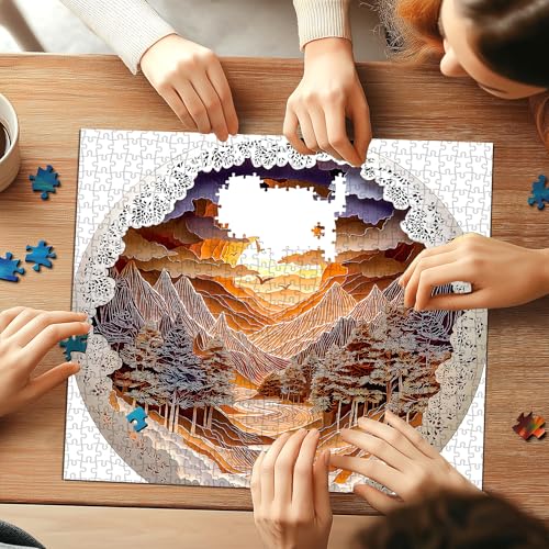 Mountain Sunset Landscape 500 Piece Jigsaw Puzzles for Adults Layered Paper Art Forest River Nature Scene Puzzle with Letters on Back Fun Seniors Wall Art Family Puzzle(20"X20") - color: Mountain Sunset