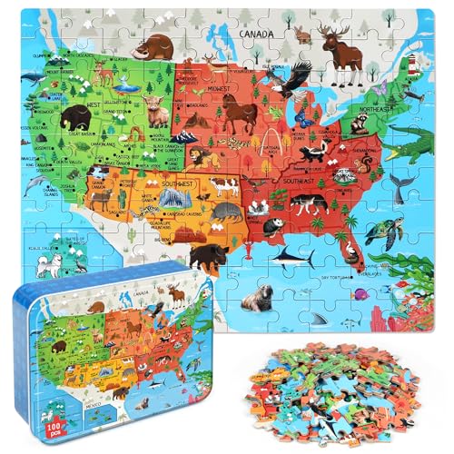 LELEMON Puzzles for Kids Ages 4-6,Animal Map 100 Piece Puzzles for Kids Ages 4-8 in a Metal Box, Educational Jigsaw Puzzles 100 Piece Puzzle Games Puzzle Toys for Girls and Boys - color: Animal Map