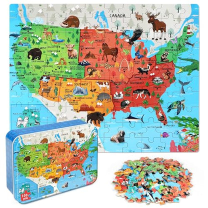 LELEMON Puzzles for Kids Ages 4-6,Animal Map 100 Piece Puzzles for Kids Ages 4-8 in a Metal Box, Educational Jigsaw Puzzles 100 Piece Puzzle Games Puzzle Toys for Girls and Boys - color: Animal Map