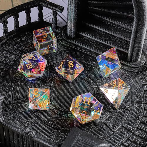 Frosted Purple Glass Dice Set,7 Pcs Frost Glass DND Dice with Box Used for Dungeon and Dragon Dice Games D4 D6 D8 D10 D% D12 D20 (Frost Purple) - color: Purple