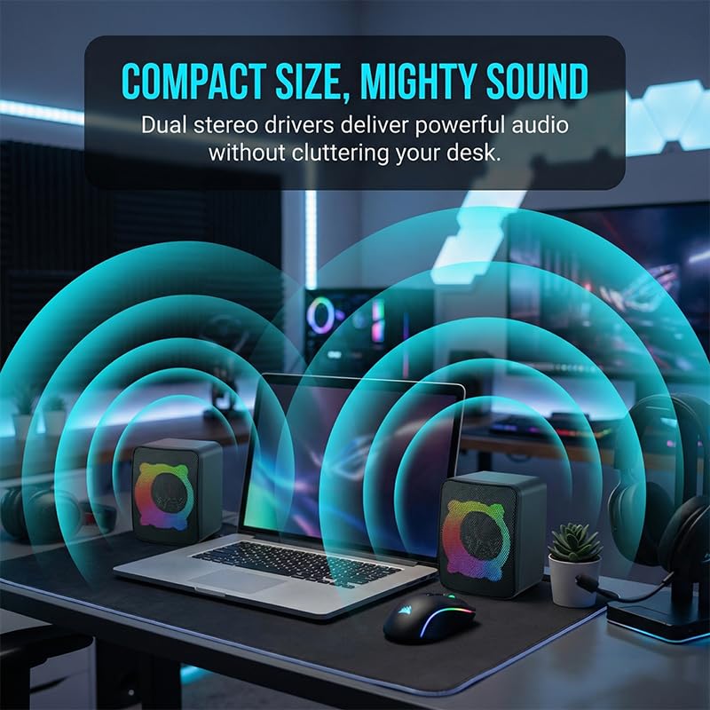 1 Pair Computer Speakers with Subwoofer, USB Powered Speakers with 3.5mm Aux Input, Wired RGB Stereo Speaker for Desktop PC Monitor, Gaming Desk Accessories