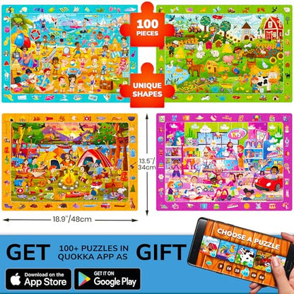 QUOKKA 100 Piece Puzzles for Kids Ages 4-6 – 4xSET Search and Find Kids Puzzles Ages 5-8 – Artist-Crafted Illustrations with Children Daily Life, Hidden Objects - Educational Activity Toy Gift - color: Farm & Beach