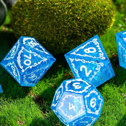 Cusdie 7-Piece Sharp Edges DND Dice Set with Sprout Design - Perfect for Tabletop RPGs Board Games Gifting and Collecting(Sprout Blue) - color: Sprout-blue