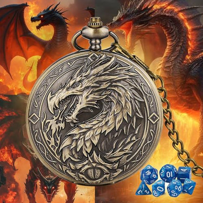 Mini DND Dice Set with Steampunk Dragon Large Pocket Watch Shell Case, 7-Piece Polyhedral Acrylic D&D Dice, DND Gift Bag with Dragon Logo, Role Play Board Game Accessories, Bronze + Blue - color: Bronze + Blue