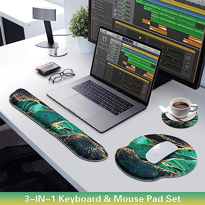 Mouse Pad Green with Wrist Rest Set, 3-in-1 Wrist Support Mousepad | Gaming Mat Pad with Anti-Skid Base,Ergonomic Mouse Pad ,Memory Foam Gel Wrist Rest for Computer Keyboard - color: Dark Green Marble