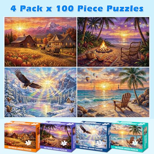 4 Packs 100 Piece Puzzle, Beach Harvest Winter Campfire 100 Piece Puzzles for Adults Seniors, Nature Landscape Large Piece Jigsaw Puzzles 100 Pieces for Seniors Adults Family Game Gifts (15x10 in)