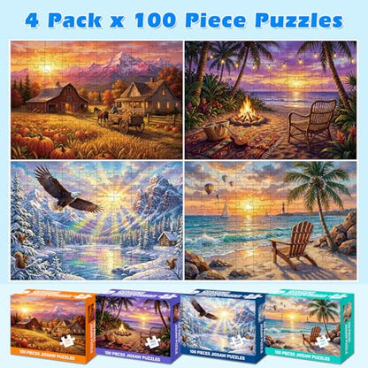 4 Packs 100 Piece Puzzle, Beach Harvest Winter Campfire 100 Piece Puzzles for Adults Seniors, Nature Landscape Large Piece Jigsaw Puzzles 100 Pieces for Seniors Adults Family Game Gifts (15x10 in)