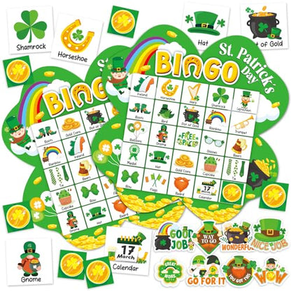 39Pcs St. Patrick’s Day Bingo Game for Adults Kids 24 Players Shamrock Shape Bingo Game Cards with Reward Stickers for Family Friend Large Group Activities St. Patrick’s Day Spring Party Favor - style: St. Patrick's