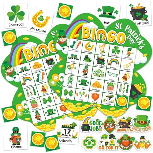 39Pcs St. Patrick’s Day Bingo Game for Adults Kids 24 Players Shamrock Shape Bingo Game Cards with Reward Stickers for Family Friend Large Group Activities St. Patrick’s Day Spring Party Favor - style: St. Patrick's