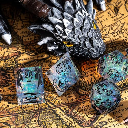 Cusdie 7-Piece Sharp Edges DND Dice Set with Dragon Pattern - Perfect for Tabletop RPGs Board Games Gifting and Collecting(Galaxy/Black Number) - color: Dragon Pattern Tc/B
