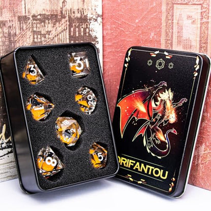 DND Cat Dice Set Green Sharp Edge Dice with Box, RPG D and D Dice Dungeons Dragons Role Playing Game Polyhedral Resin Dice Set D20 D12 D10 D8 D6 D4 - color: Orange