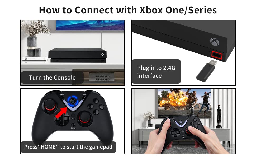Wireless Game Controller with LED Lighting Compatible with Xbox One S/X, Xbox Series S/X Gaming Gamepad, Remote Joypad with 2.4G Wireless Adapter, Rechargeable Battery - color: Black
