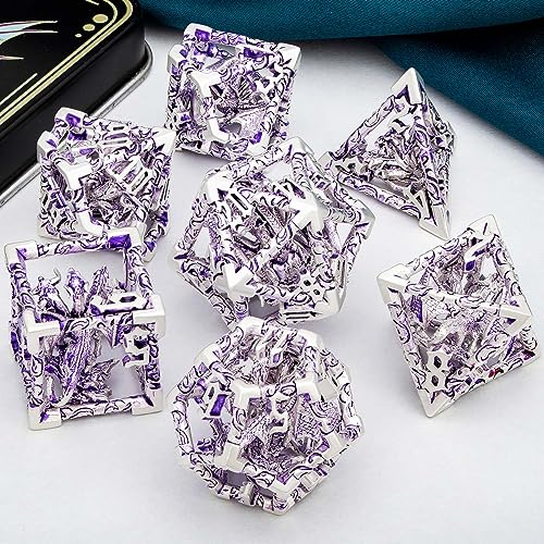 ARUOHHA Hollow DND Dice Set Silver Purple 5-Headed Dragons D and D Dice with Gift Box, Role Playing Games RPG 7PCS Dungeons Metal Polyhedral Dice D20 D12 D10 D8 D6 D4 - color: Silver Purple-02
