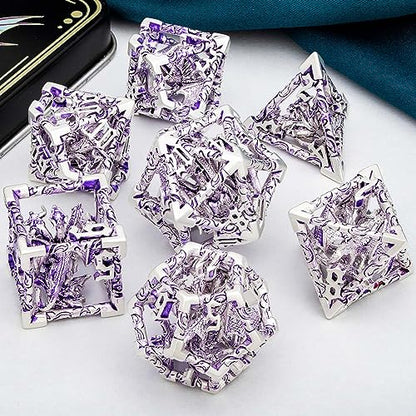 ARUOHHA Hollow DND Dice Set Silver Purple 5-Headed Dragons D and D Dice with Gift Box, Role Playing Games RPG 7PCS Dungeons Metal Polyhedral Dice D20 D12 D10 D8 D6 D4 - color: Silver Purple-02