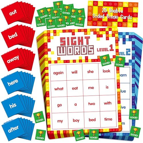 Sight Word Bingo Game, 144 Sight Words Learn to Read Level 1 & Level 2 Bingo Board Game Dolch's & Fry's Words Lists for Kindergarten and Preschool, Grade 1st, 2nd, Kids 4-8 (Up to 25 Players) - style: Sight Word Level 1 & Level 2-A