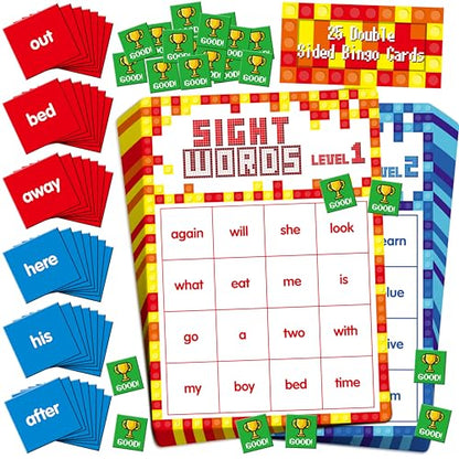 Sight Word Bingo Game, 144 Sight Words Learn to Read Level 1 & Level 2 Bingo Board Game Dolch's & Fry's Words Lists for Kindergarten and Preschool, Grade 1st, 2nd, Kids 4-8 (Up to 25 Players) - style: Sight Word Level 1 & Level 2-A