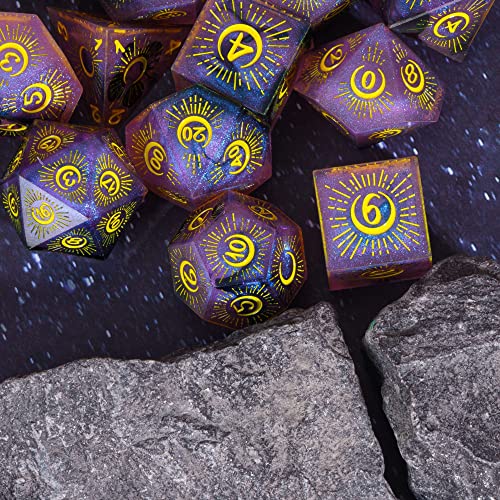 Cusdie Sharp Edges DND Dice, 7 PCs Moon Dice Set D&D Dice, Handcrafted Polyhedral Dice Set, for Role Playing Game (Moon/Purple Black) - color: Moon Pattern-purple Black
