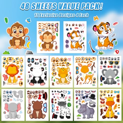 48 Sheets Create Funny Safari Animals Stickers, Make a Face Stickers for Boys and Girls, Travel Sticker Books, Party Favors, Birthday, Home, School and Activities Gifts for Kids Ages 3+ - style: Wildlife