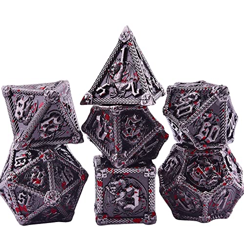 AUSTOR 7-Die Metal DND Dice Set Dungeons and Dragons Polyhedral Roll Playing Dice with Box D20 D12 D10 D% D8 D6 D4 for Pathfinder MTG RPG Board Games - color: Antique Iron With Blood Spattered