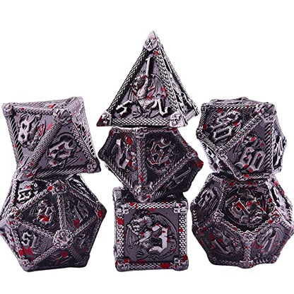 AUSTOR 7-Die Metal DND Dice Set Dungeons and Dragons Polyhedral Roll Playing Dice with Box D20 D12 D10 D% D8 D6 D4 for Pathfinder MTG RPG Board Games - color: Antique Iron With Blood Spattered
