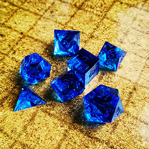Bescon Crystal Clear (Unpainted) Sharp Edge DND Dice Set of 7, Razor Edged Polyhedral D&D Dice Set for Dungeons and Dragons Role Playing Games, Sapphire Color - color: Sapphire