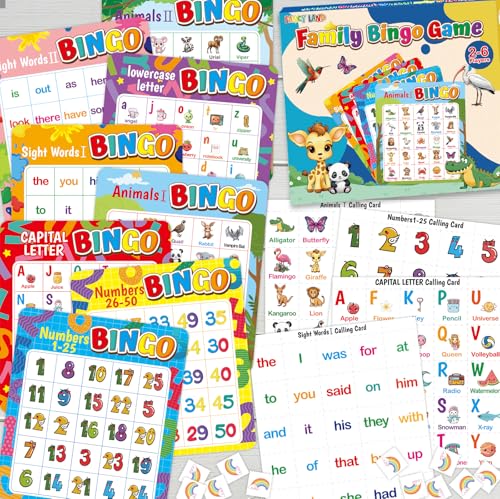 Fancy Land ABC & 123 Bingo Game for Kids 4 in 1 Educational Bingo Cards Set | Sight Words Animals Alphabet Numbers Board Game for Kindergarten Preschool Ages 4-8 Counting and Matching Skills Development