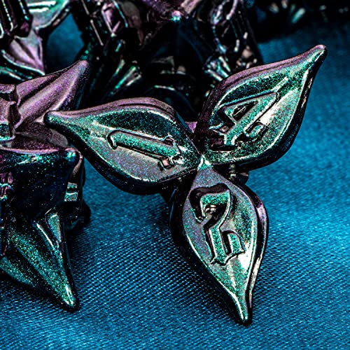 ARUOHHA DND Metal Dice Set Purple Green Leaf Design Polyhedral Dragons Dice with Box, 7PCS Dungeons D and D Dice Compatible with D&D RPG Role Playing Games D20 D12 D10 D8 D6 - color: Purple Green