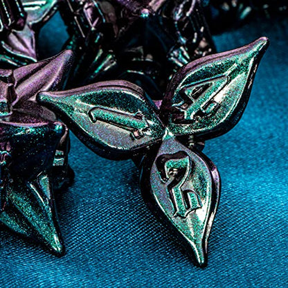 ARUOHHA DND Metal Dice Set Purple Green Leaf Design Polyhedral Dragons Dice with Box, 7PCS Dungeons D and D Dice Compatible with D&D RPG Role Playing Games D20 D12 D10 D8 D6 - color: Purple Green