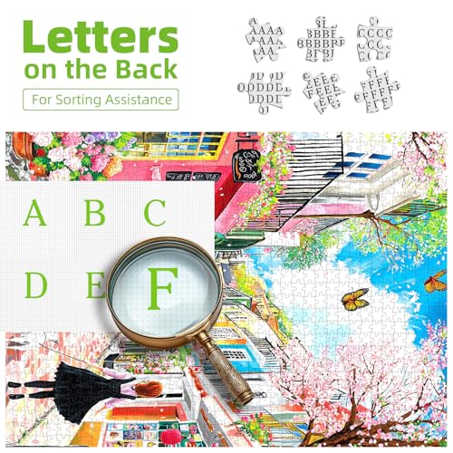 Spring Cherry Blossom Street 500 Piece Jigsaw Puzzles for Adults Colorful European Scene Pink Town Jigsaw Puzzles with Letters on Back for Perfect Family Challenge Game Nights (23"X15") - color: Spring Cherry Blossom