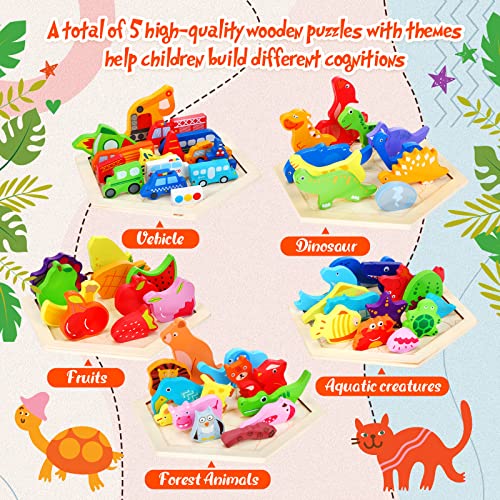 Jerify 5 Pack Wooden Tangram Puzzle for Kids, Brain Teaser Puzzles | Cute Pattern, Wooden Hexagon Puzzle Block Teaser, Pattern Block, Tangram Puzzle, Geometric Shapes Tangram, Boy Girl Toddler - style: Cute