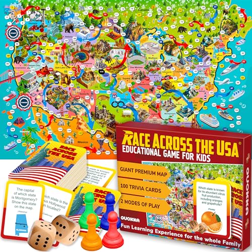 QUOKKA Board Game for Kids 8-12 - Learning, Educational Card Games for Ages 6-8 - Indoor, Outdoor Activity for Teens, Adults, Family - Geography, United States 100 Question Cards with Top Facts - color: 3. Usa Floor Game