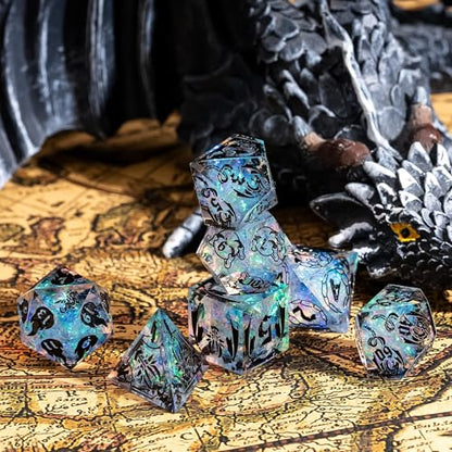 Cusdie 7-Piece Sharp Edges DND Dice Set with Dragon Pattern - Perfect for Tabletop RPGs Board Games Gifting and Collecting(Galaxy/Black Number) - color: Dragon Pattern Tc/B
