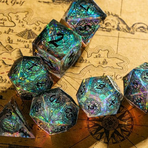 Cusdie 7-Die Sharp Edges DND Dice Set, Magic Circle Pattern Polyhedral D&D Dice Set for DND TTRPG Role Playing Games - color: Magic Pattern-transparent Black