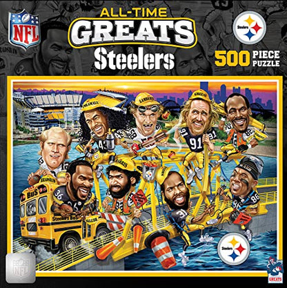 MasterPieces NFL Steelers Puzzle 500 Piece Jigsaw Puzzle, Officially Licensed Pittsburgh All Time Greats Artwork, Bold Player Caricature Design, Eco Friendly Materials, 15 x 21 Sports Collectibles - style: All Time Greats