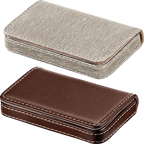 Outus 2 Pcs Business Card Holder, PU Leather Business Card Case Pocket Wallet with Magnetic Shut for Christmas Gift Adult(Coffee and Gray) - color: Coffee and Gray