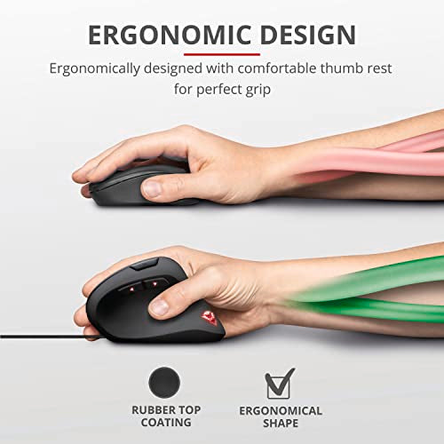 Trust Gaming GXT 144 Rexx Vertical Ergonomic Gaming Mouse, 250-10,000 DPI, 6 Buttons, Black | Ergonomic design prevention against mouse arm / tennis elbow (RSI syndrome), RGB LED lighting, black