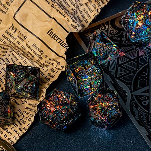 Cusdie Sharp Edges Dice DND, 7 PCs D&D Dice, Handcrafted Polyhedral Dice Set, for Role Playing Game (Black Pattern) - color: Black Pattern-transparent Black