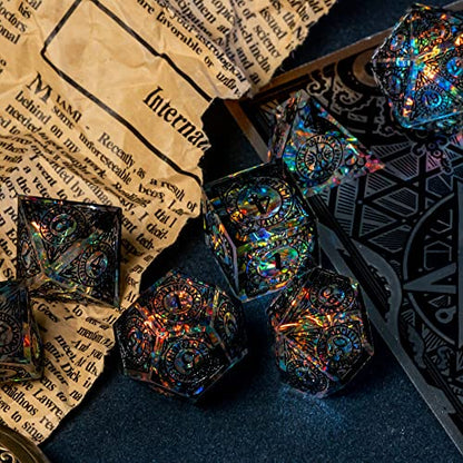 Cusdie Sharp Edges Dice DND, 7 PCs D&D Dice, Handcrafted Polyhedral Dice Set, for Role Playing Game (Black Pattern) - color: Black Pattern-transparent Black