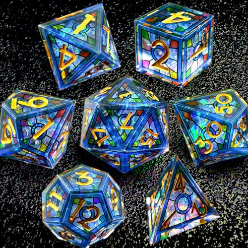 HAOMEJA Double Layered Resin Dice Set 7pcs/ Stained Glass Effect & Gold Numbers/Sharp Edged Polyhedral Dice/Apply to D&D/DND/Dungeons & Dragons/Role Playing Game/RPG/Party Gift (Blue Sky) - color: 1 Blue Sky