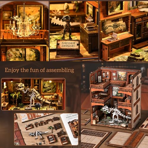 DIY Book Nook Kit, 3D Wooden Puzzle for Adults, Miniature House Kit with Touch LED Light, Gothic Bookshelf Insert Decor, Creative Hobby Gift for Fantasy Lovers - style: Fossil Museum