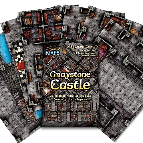 Arcknight The Graystone Castle Roleplaying Battlemaps; 16 Modular RPG Maps in 8 Double-Sided Pages, 1" Square Grid, Modular & Versatile Design for Tabletop Gaming - for D&D, Pathfinder and More - style: Graystone Castle