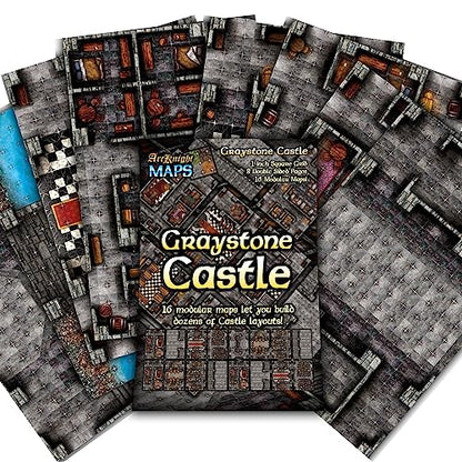 Arcknight The Graystone Castle Roleplaying Battlemaps; 16 Modular RPG Maps in 8 Double-Sided Pages, 1" Square Grid, Modular & Versatile Design for Tabletop Gaming - for D&D, Pathfinder and More - style: Graystone Castle