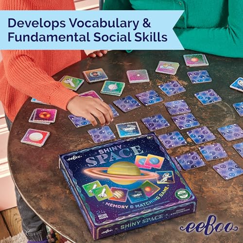 eeBoo Shiny Space Memory & Matching Game, Ages 5+, 1-6 Players | Introduces space & science vocabulary. Sharpens recognition, concentration & memory skills. Includes 48 foil tiles, 24 pairs - style: Shiny Space