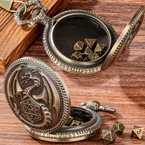 Mini DND Dice Set Steampunk Dragon Pocket Watch Shell Case, 7pcs Polyhedral Metal D&D Dice Set, DND Gifts with Gift Box for Men Women, Role Playing Board Games Accessories, Bronze - color: Bronze