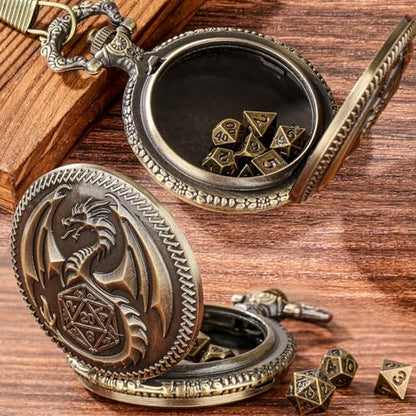 Mini DND Dice Set Steampunk Dragon Pocket Watch Shell Case, 7pcs Polyhedral Metal D&D Dice Set, DND Gifts with Gift Box for Men Women, Role Playing Board Games Accessories, Bronze - color: Bronze