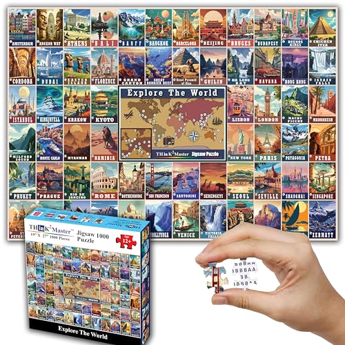 Think2Master Colorful Vintage World Travel Poster 1000 Pieces Large Format Jigsaw Puzzle for 13+, Teens, Adults & Families. Great Gift for People Wanting to Explore the World. Size: 26.8” X 18.9” - style: World Destinations