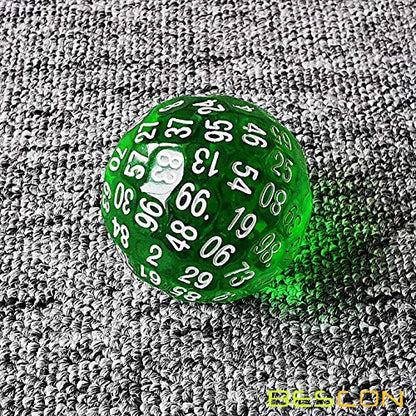 Bescon Translucent Green Polyhedral Dice 100 Sides, D100 dice, 100 Sided Cube, Transparent D100 Game Dice - color: Translucent Green D100