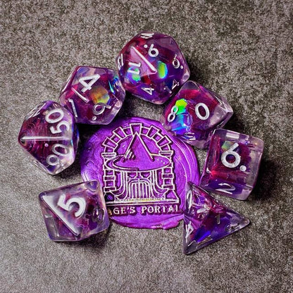 Sage’s Portal Cantrips DND Dice Set - Round Edge Resin 7-PC Polyhedral DND Dice Set for Dungeons and Dragons D&D RPG Tabletop TTRPG (Purple Holo Flakes) - color: Purple Holo Flakes